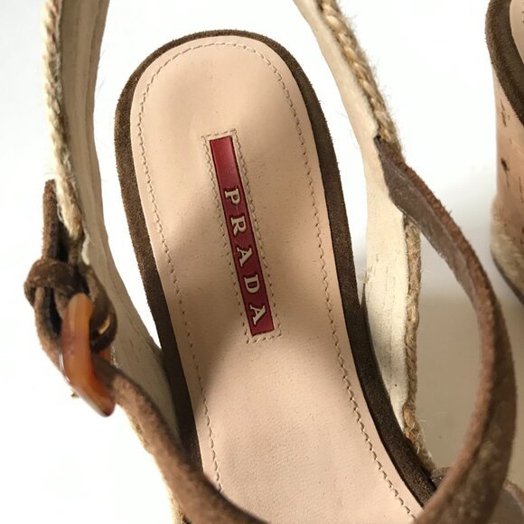 Prada Suede Cork Wedge Heels Sandals Womens 37 7 Brown Tan Platform Buckle Shoes - Picture 4 of 9